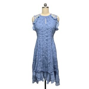 Sundance Womens Blue Lace Ruffle Cold Shoulder A Line Midi Dress Size Small